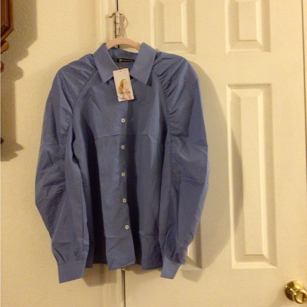 Pretty Garden Chic, v neck long sleeve button down blouse, light blue, medium